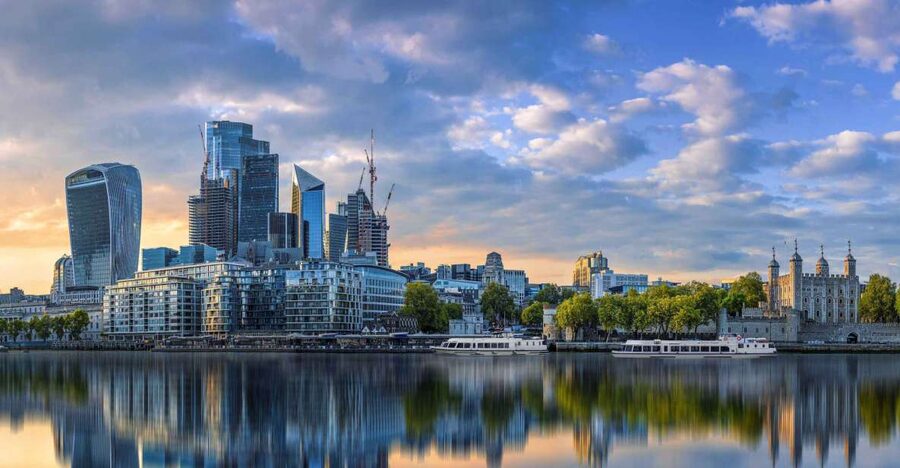 The City skyline from the Thames at dusk